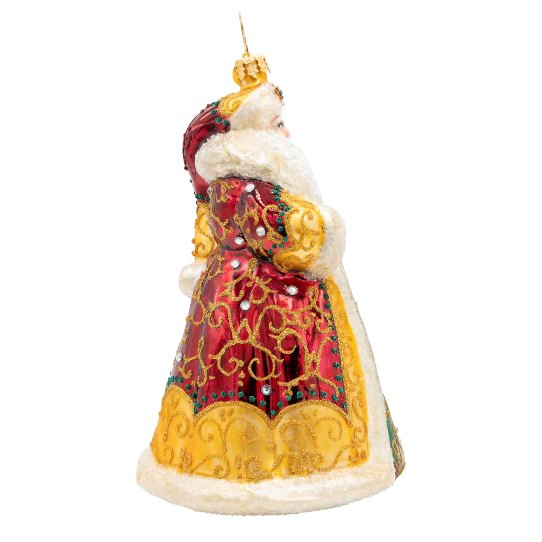 Crown of Christmas Santa ornament in a red and gold jeweled robe with white fur trim.
