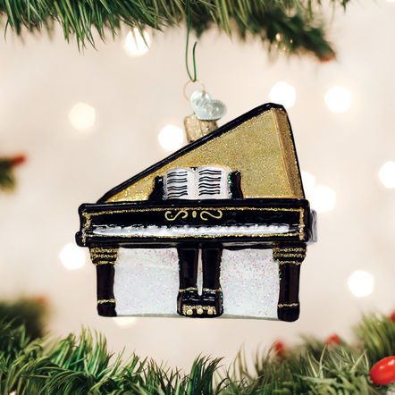 Baby Grand Piano ornament in black with white keys on a silver stand.
