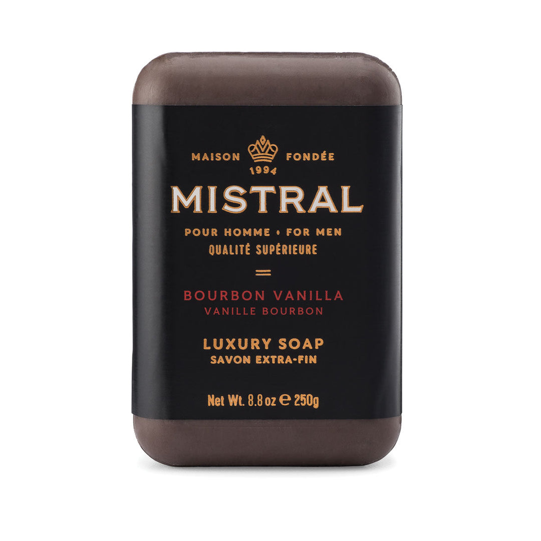 Mistral Bourbon Vanilla bar soap for men, 8.8 oz brown bar with a black and gold label.
