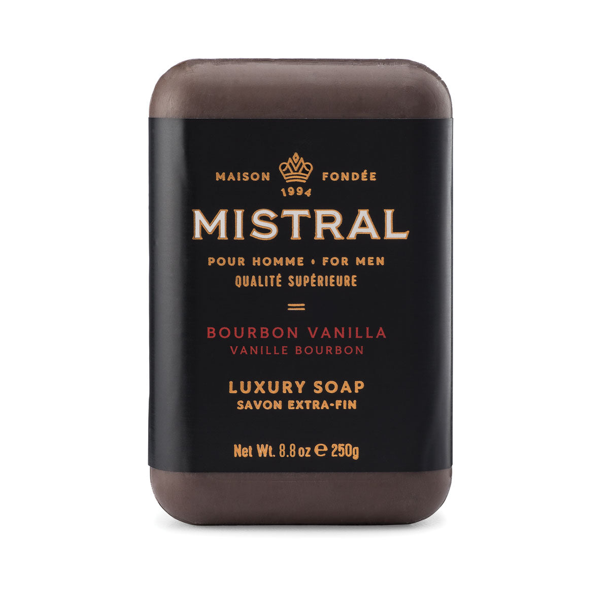 Mistral Bourbon Vanilla bar soap for men, 8.8 oz brown bar with a black and gold label.