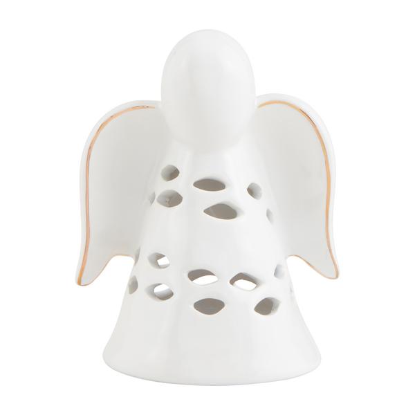 Ceramic tea light lantern with electroplate metallic wings and cut-out detailing.