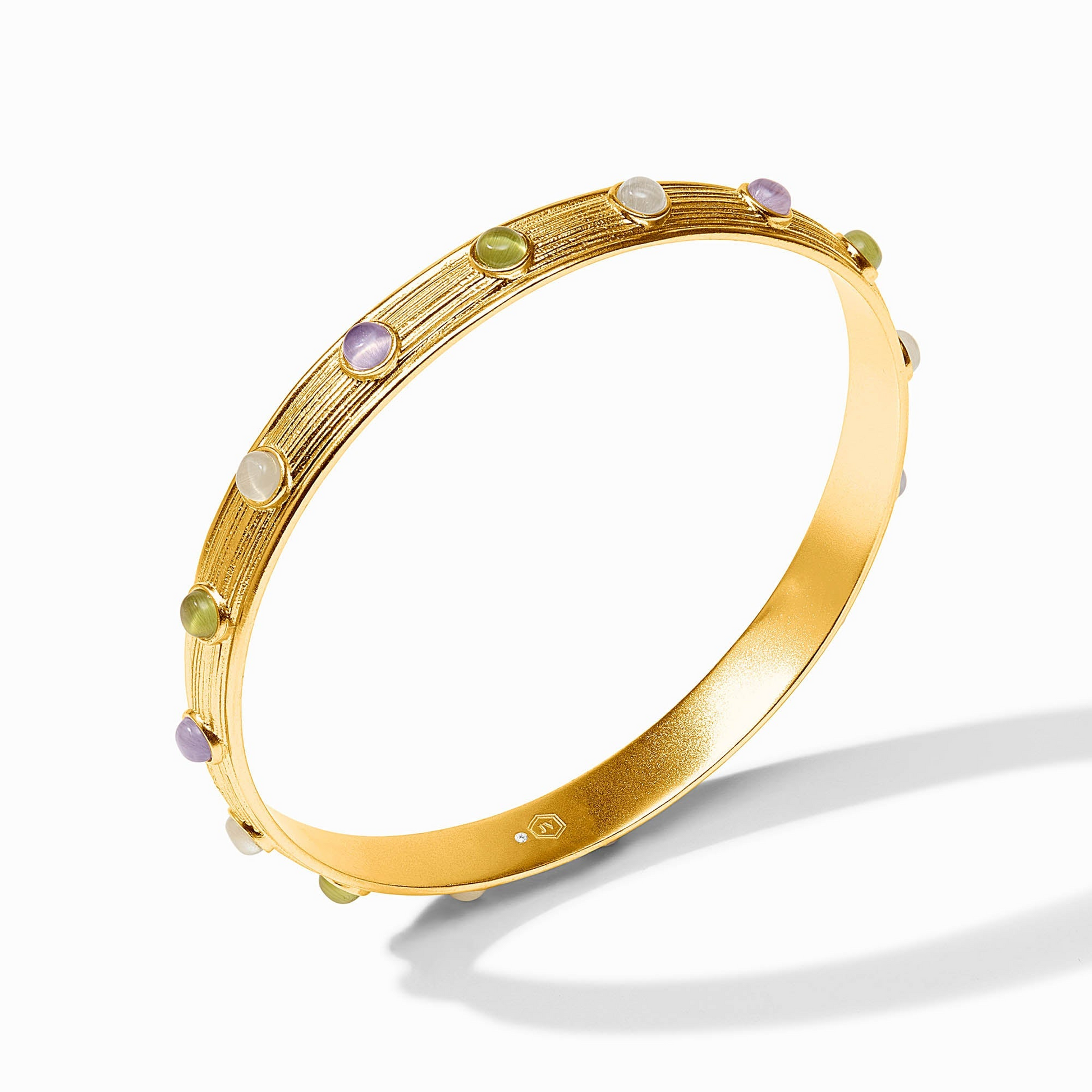 Gold-plated Cobblestone Stone Bangle with colorful glass cabochons and textured finish.