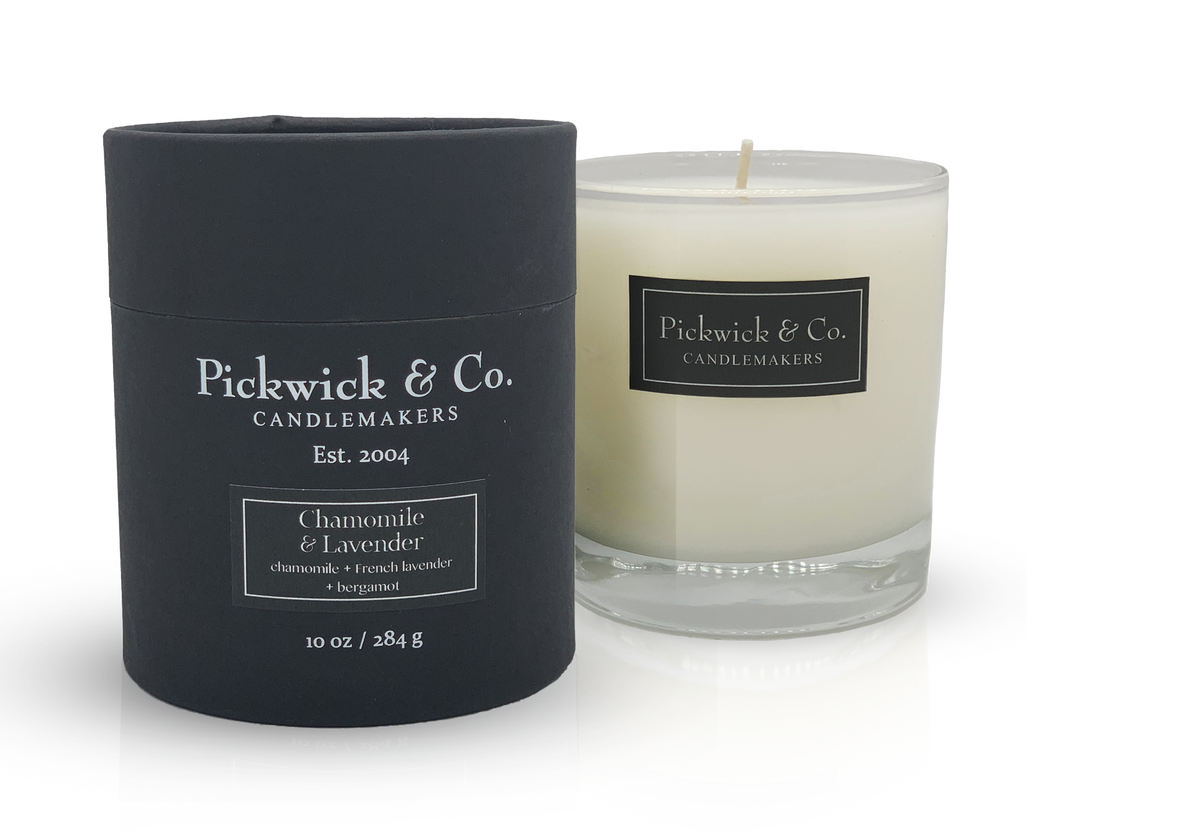 Pickwick Chamomile Lavender candle in a clear glass jar with white wax and wood wicks.