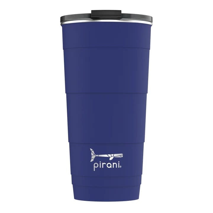 Stackable stainless steel tumbler with powder coat finish in black.