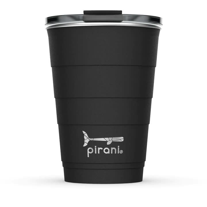 Stackable stainless steel tumbler with powder coat finish in matte black.