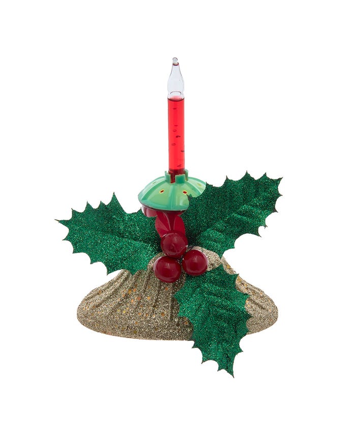 Tripple Holly Berry bubble light candelabra with copper accents on a white plastic base.