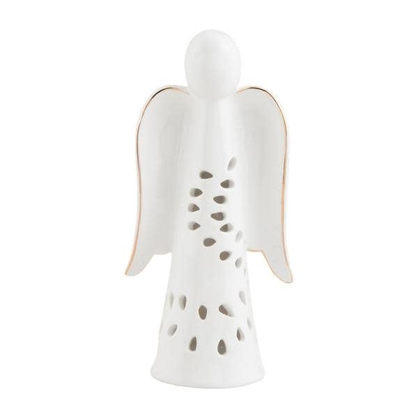 Ceramic tea light lantern with electroplate metallic wings and intricate cut-out detailing.
