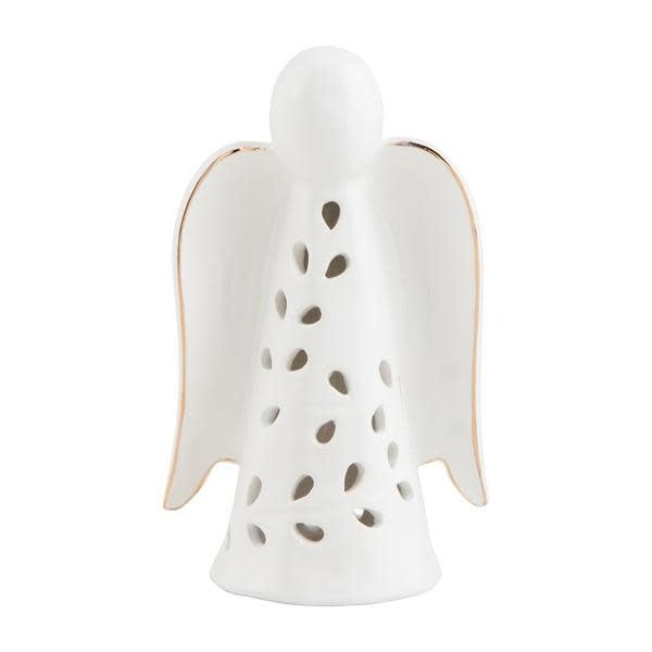 Ceramic tea light lantern with cut-out detailing and electroplate metallic wing accents.
