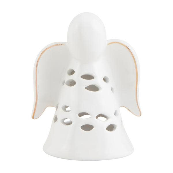 Ceramic tea light lantern with cut-out detailing and electroplate metallic wing accents.