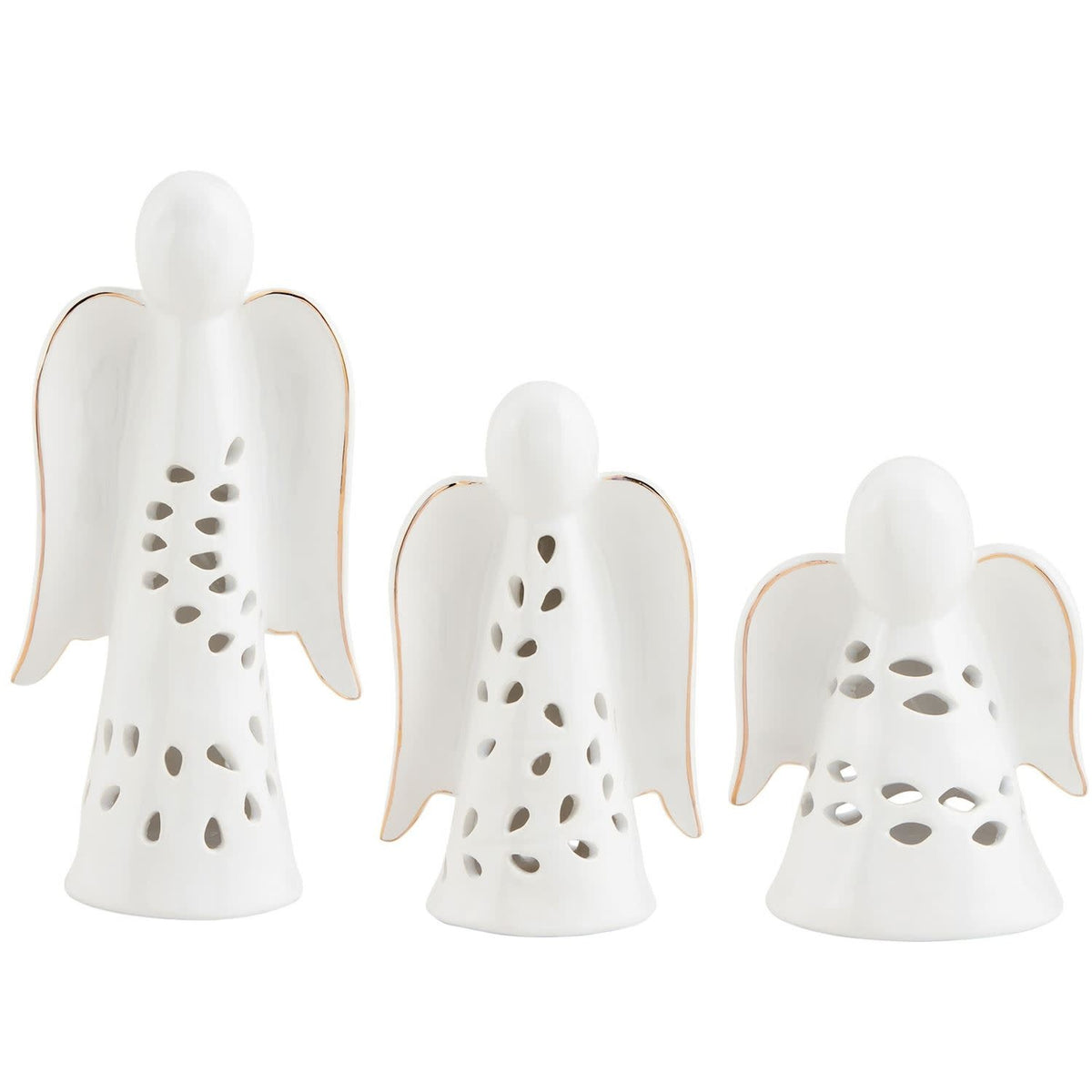 Ceramic tea light lantern with electroplate metallic wings and intricate cut-out detailing.