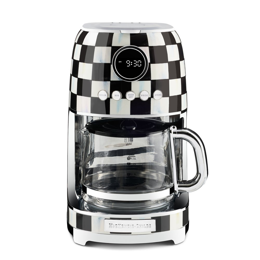 Courtly Check Drip Coffee Maker with black and white checkered pattern, chrome accents, and carafe.