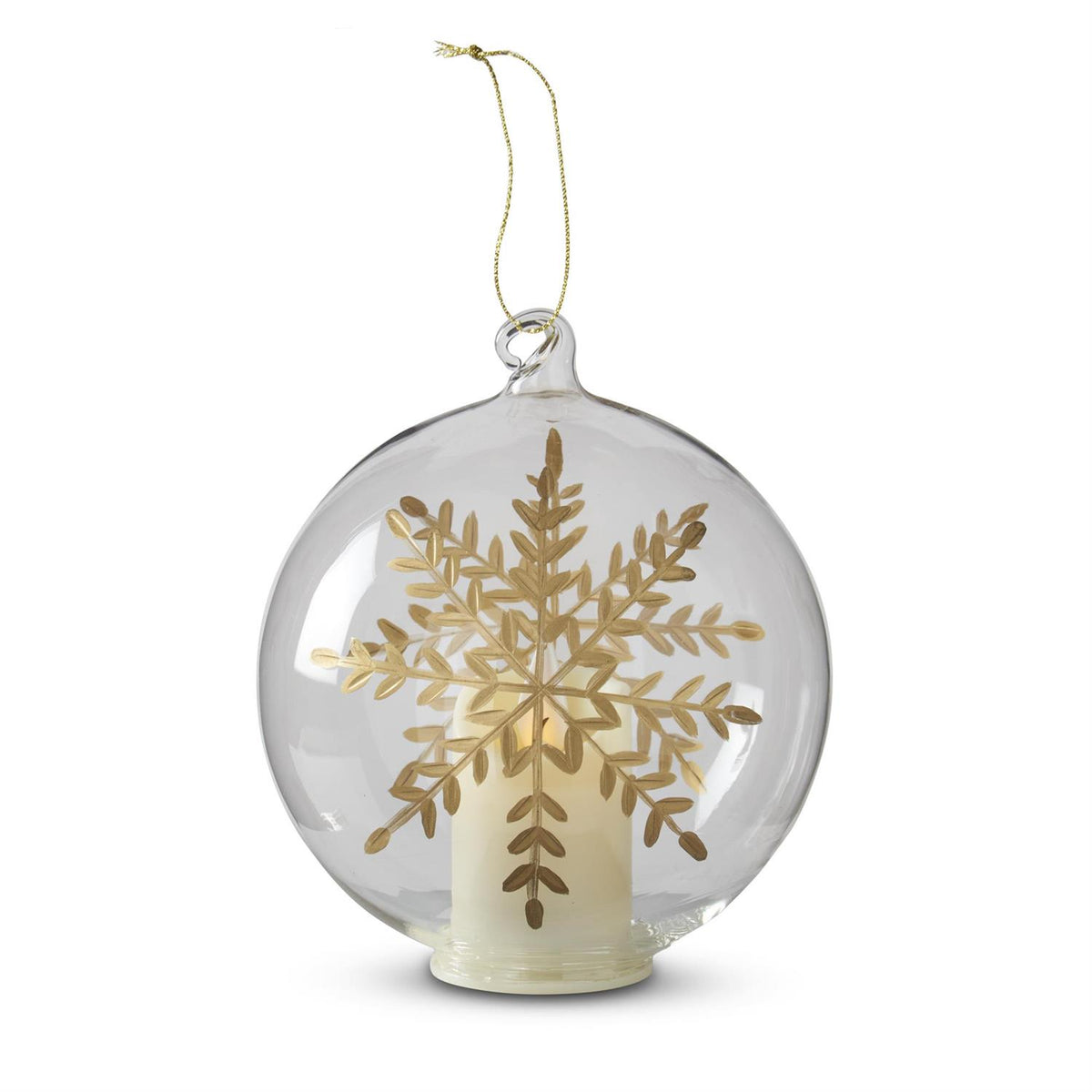 4.75 inch clear glass ball ornament with a gold gilded etched snowflake and internal LED candle.