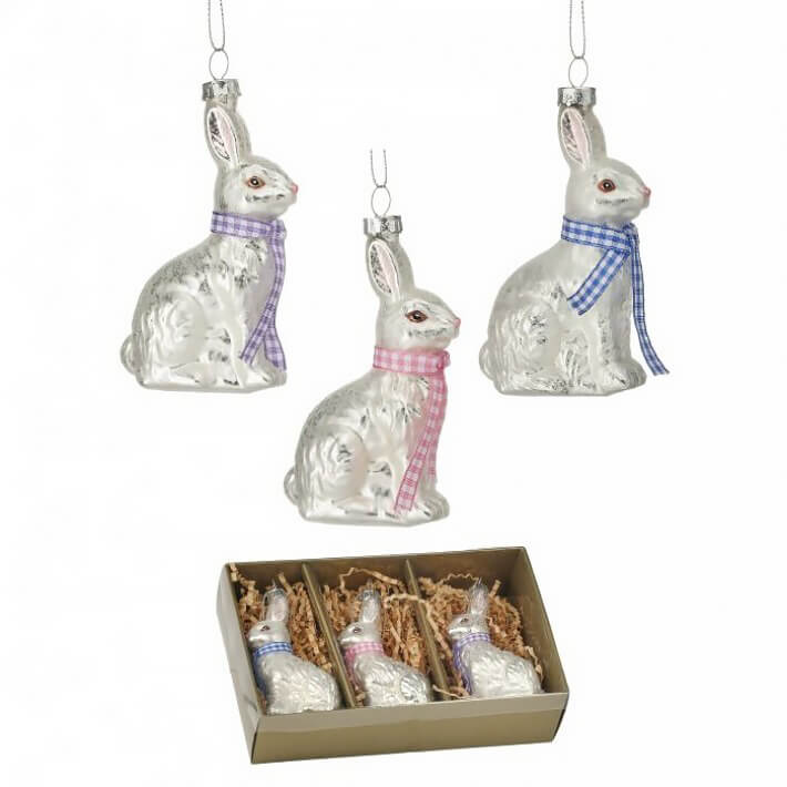 4-inch glass bunny ornament with glitter ribbon accents in a standing pose