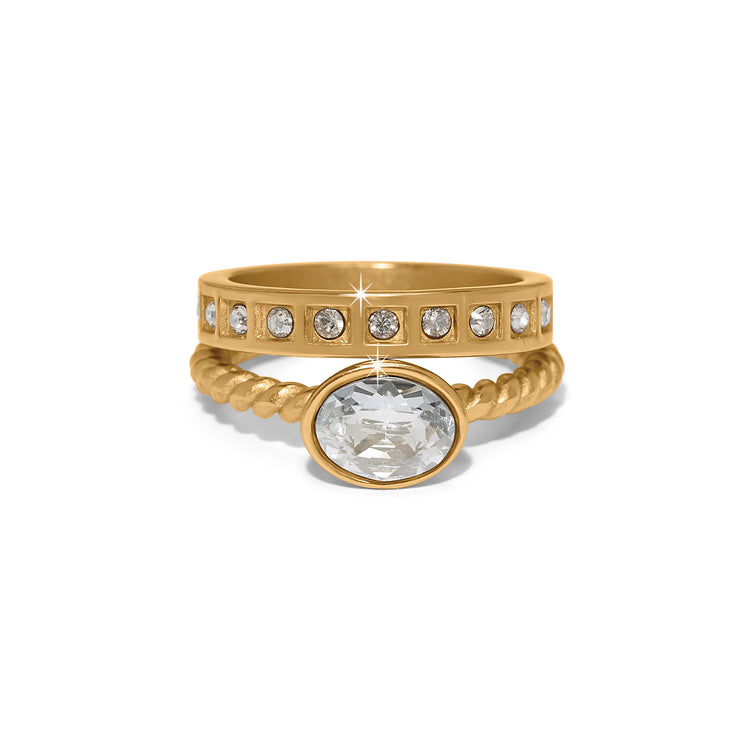Silver-gold plated duo rings featuring fine quality crystals in complementary silver and gold finishes.