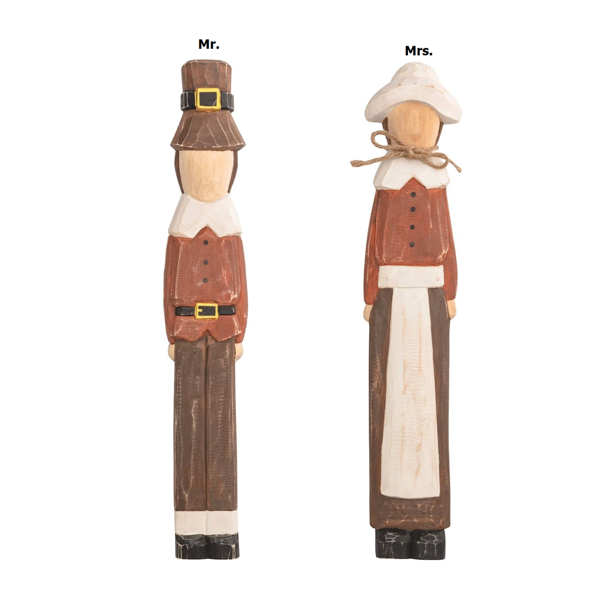 Hand-painted pine wood Pilgrim Sitter figurine with distressed chiseled texture and natural finish.