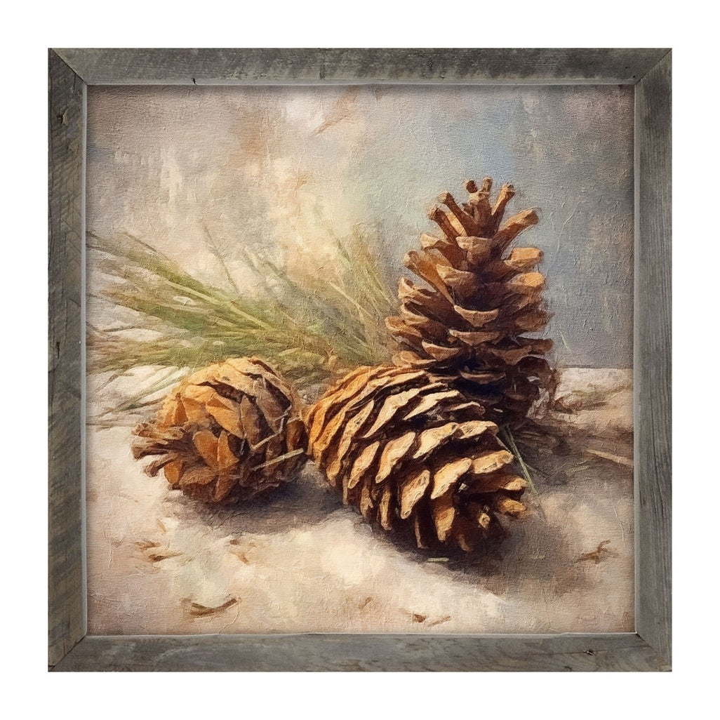 Closeup photo of a natural pine cone printed on matte paper with painted barnwood frame.