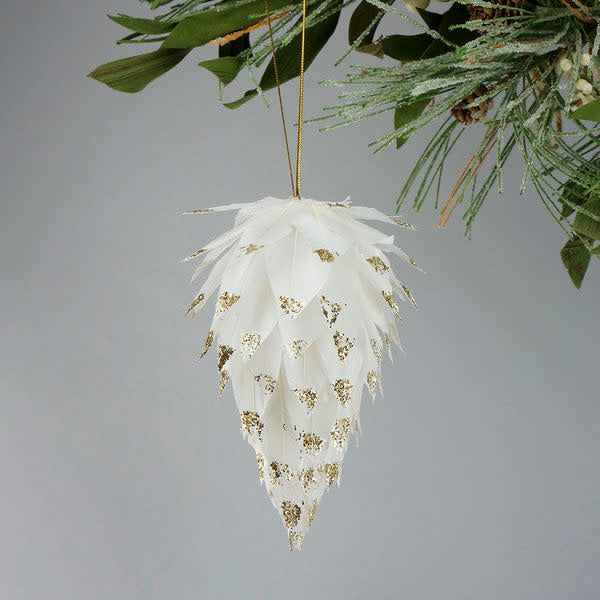 White pine cone ornament with gold glitter tips on a hanging loop cord.