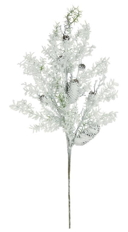 34-inch artificial pine spray with a snowy white finish and natural pine cones.