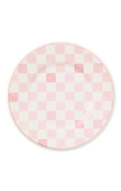 Pink checkered stoneware dinner plate with an 11-inch diameter.