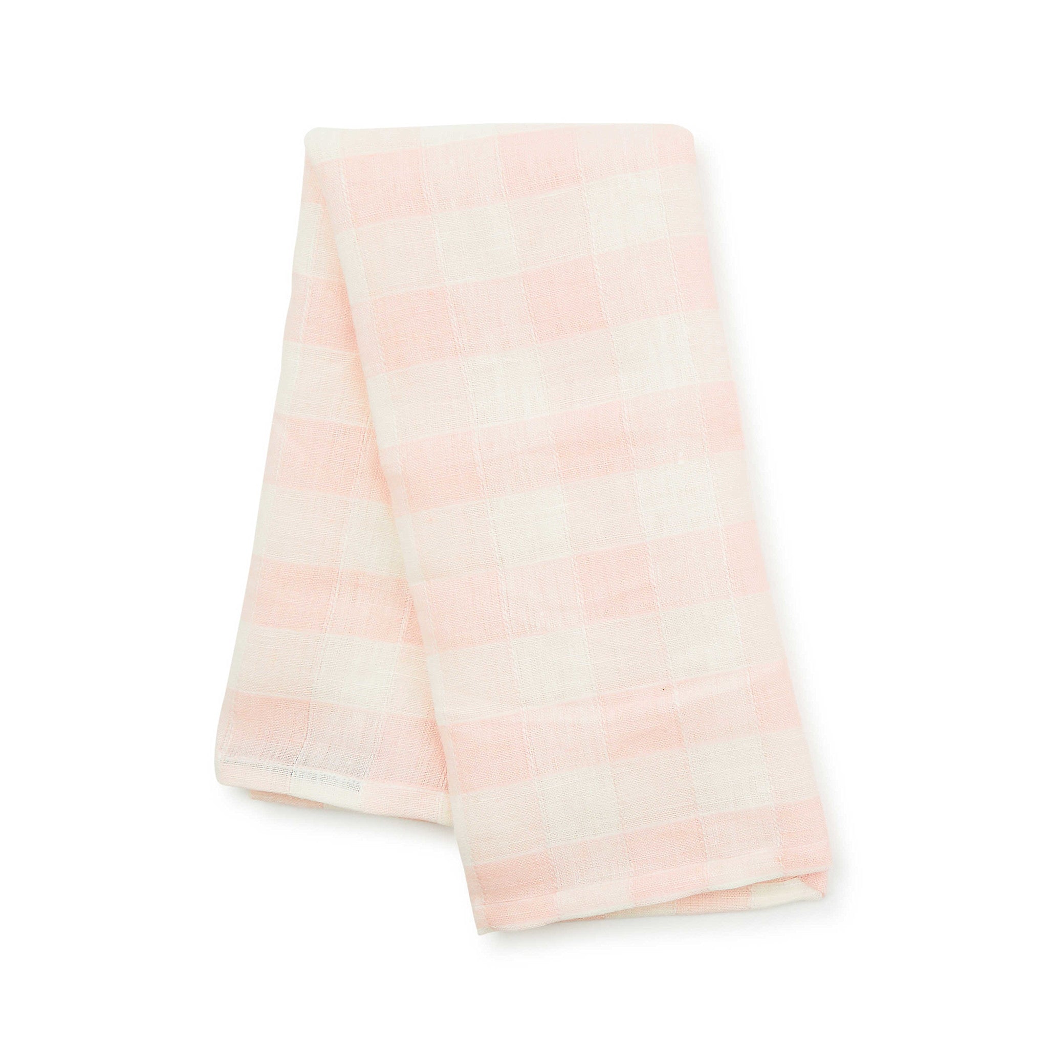 Pink checkered linen dish towel with a rectangular shape.