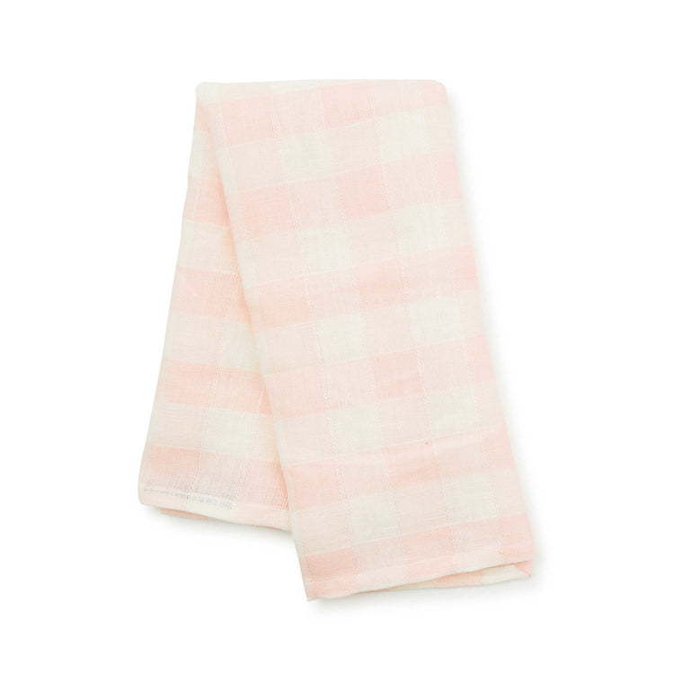 Pink checkered linen dish towel with a rectangular shape.