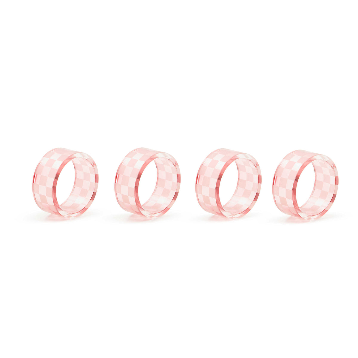 Set of four etched glass napkin rings with a pink check pattern.