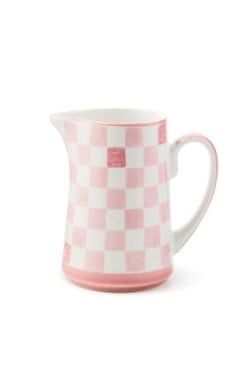 Pink checkered stoneware pitcher with a handle