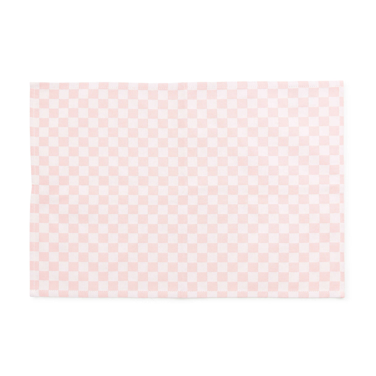Set of four woven cotton check placemats in pink with a classic grid pattern.