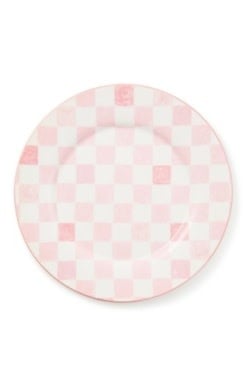 Pink checkered stoneware round platter with a matte finish.