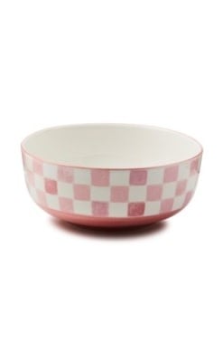 Pink checkered stoneware serving bowl with a wide rim.