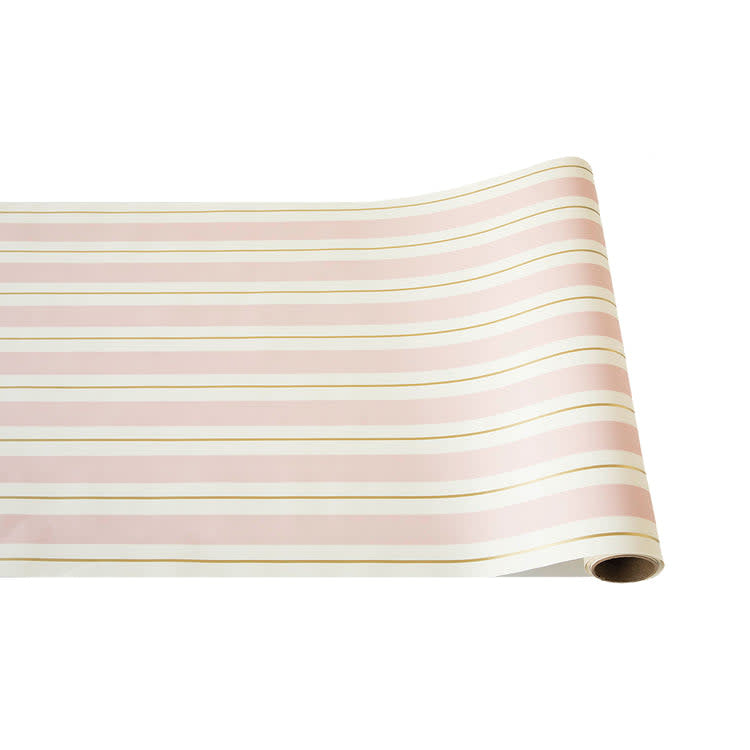 Pink table runner with metallic gold awning stripe pattern