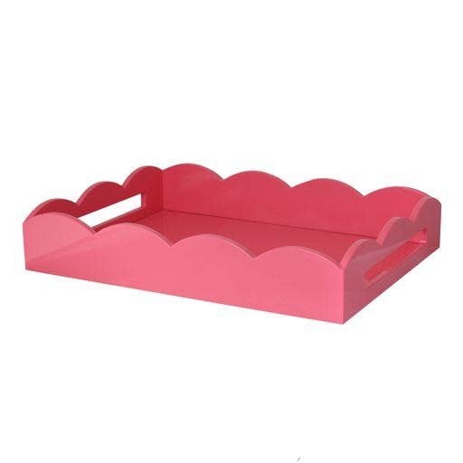 Pink lacquered scallop serving tray with cream velvet base