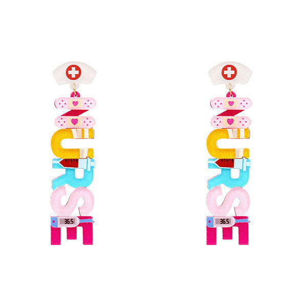 Pink seed bead post drop earrings shaped like a nurse hat with the word LOVE.