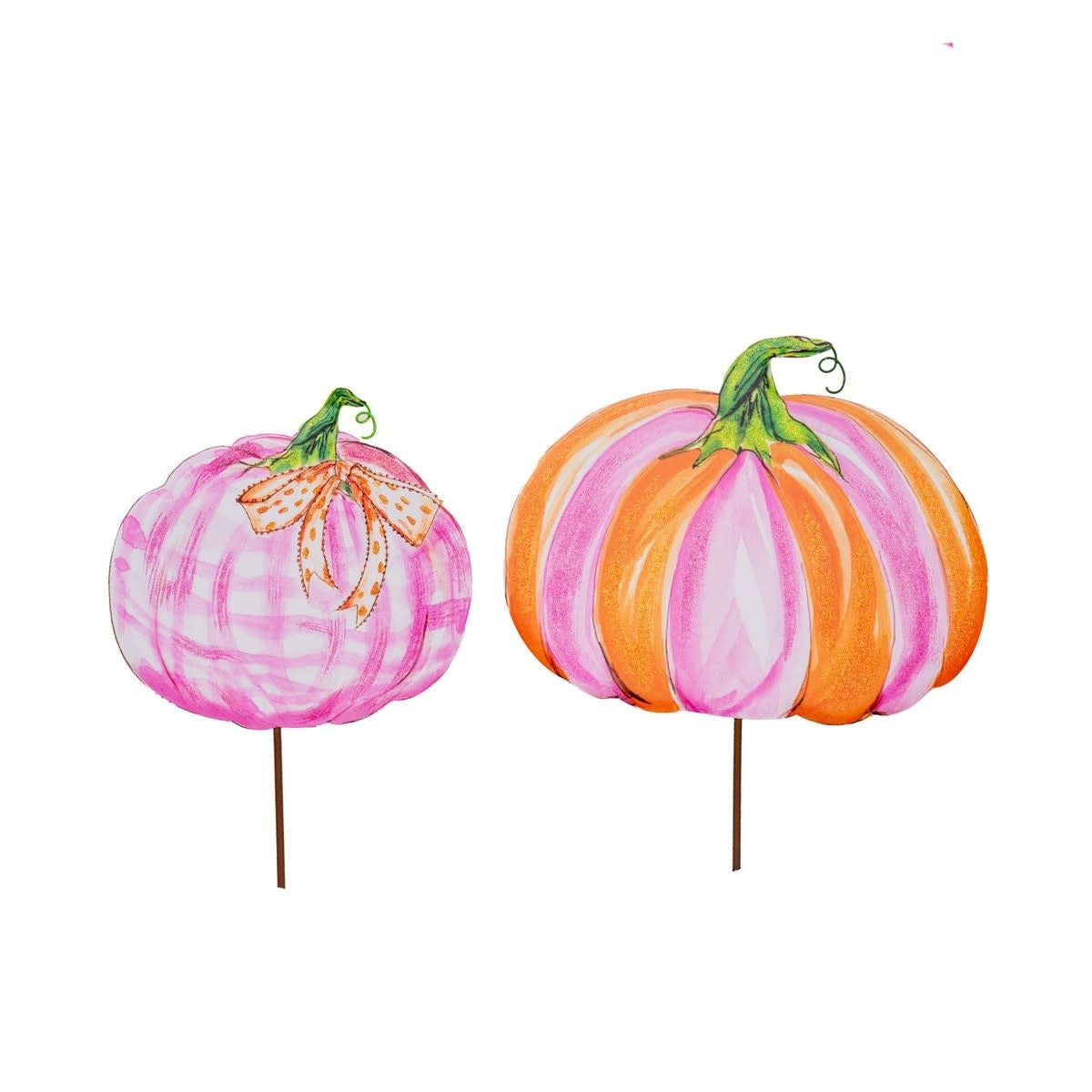 Metal pumpkin decoration in pink and orange with a festive fall silhouette.