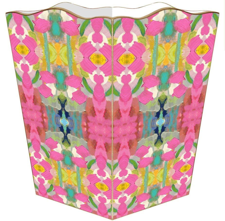 Scalloped-top wastepaper basket with gold-painted edges on a water-resistant exterior.