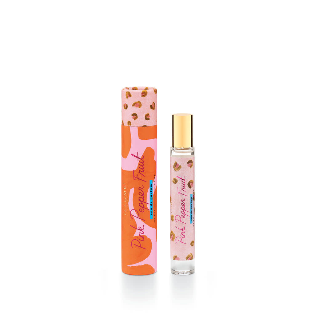 Pink pepper fruit rollerball perfume in a clear glass bottle with silver cap.