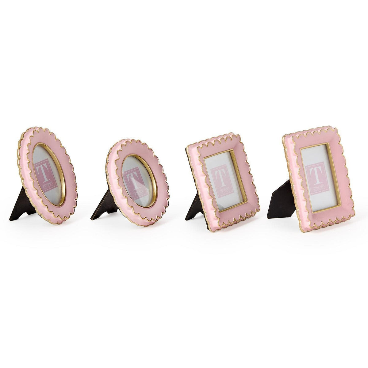 Pink scalloped resin mini photo frame measuring 4.5 inches wide by 4.5 inches tall.