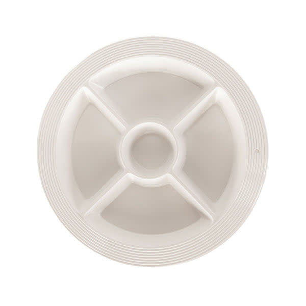White melamine divided serving dish with black pinstripe pattern