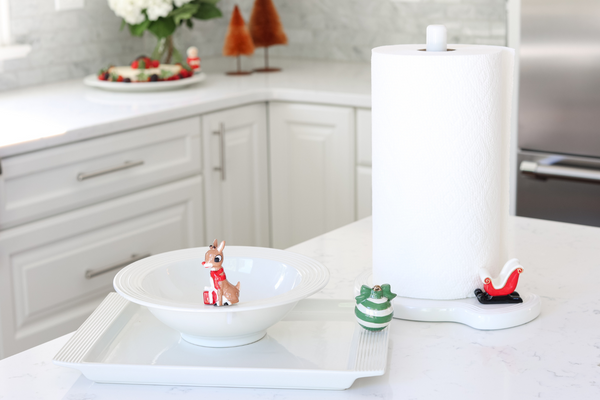 White melamine paper towel holder with black pinstripe vertical pattern.