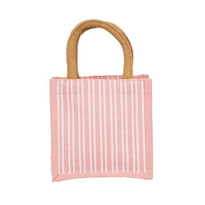 Pink pinstripe petite gift tote bag with white handles