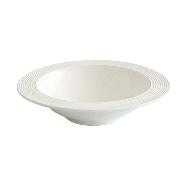 White ceramic biggie bowl with black pinstripe vertical stripes.