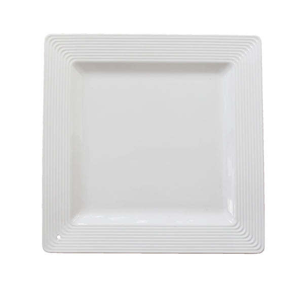 Square ceramic platter with pinstripe rim detail in neutral tones