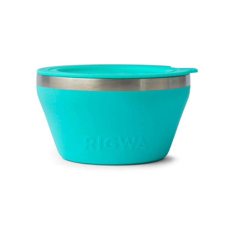 Seafoam green stainless steel insulated bowl with spill-proof lid