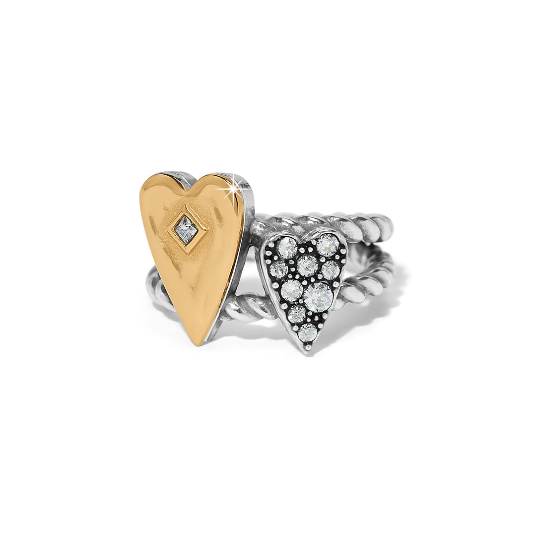Two-tone silver and gold ring with two hearts, one smooth gold and one crystal-encrusted silver.