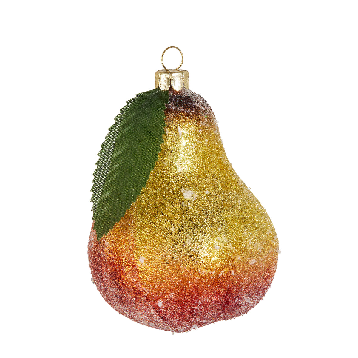 3.75-inch glittered glass pear Christmas ornament in gold and red with a green leaf.