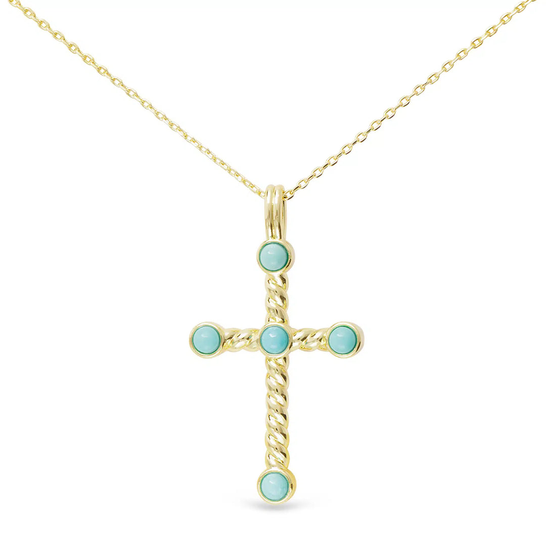 Gold twist cross necklace with five round turquoise-colored stone accents on a gold chain.