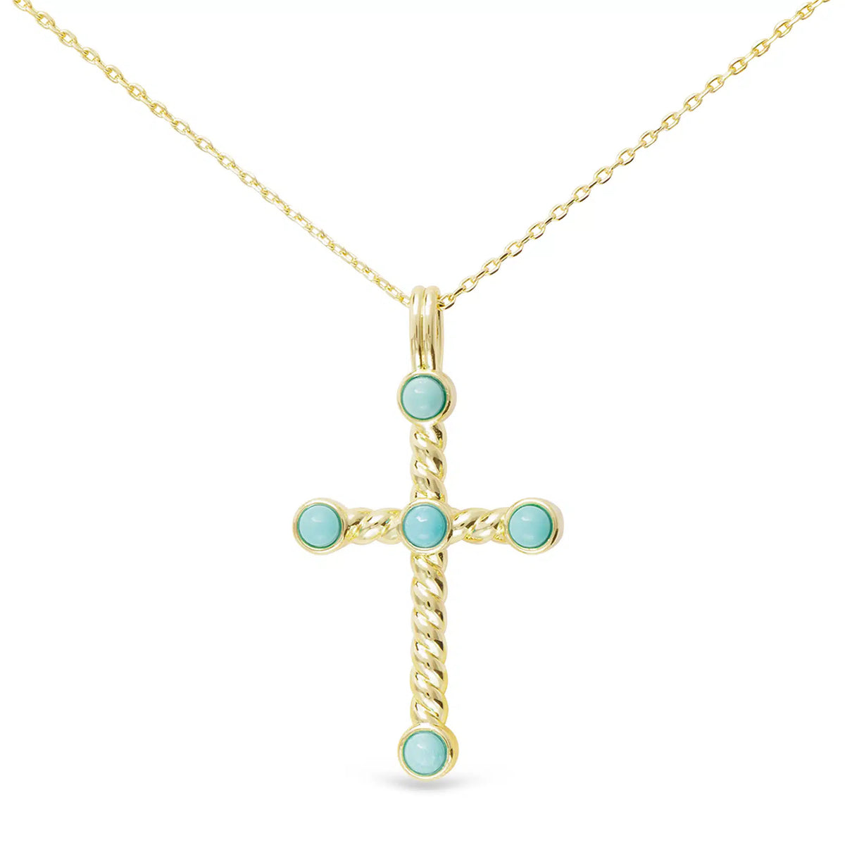 Gold twist cross necklace with five round turquoise-colored stone accents on a gold chain.