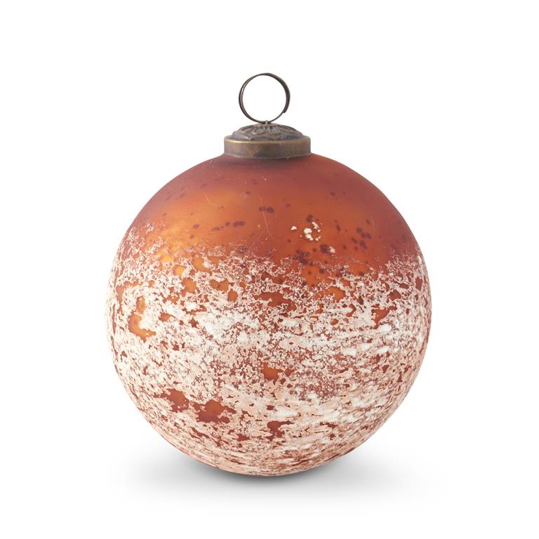 5-inch dark orange glass ornament with a white speckled finish and brass hanging loop.