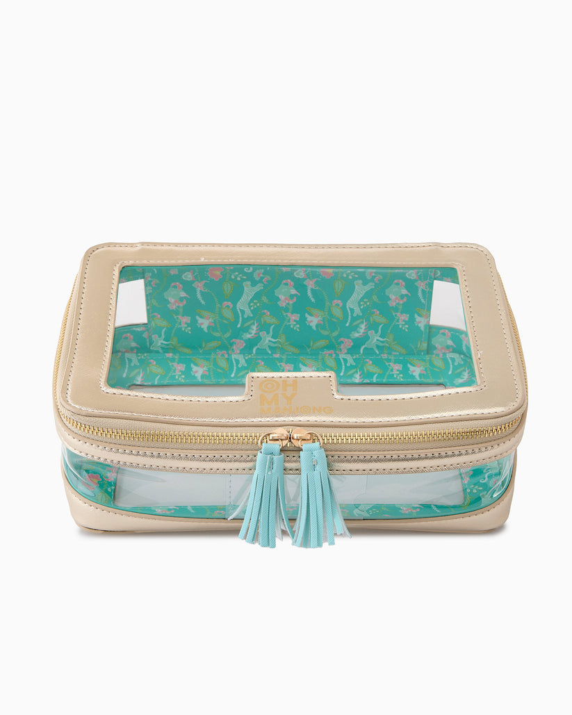 Gold Tile Storage Bag with clear windows, teal floral lining, and two light blue tassels on zippers.