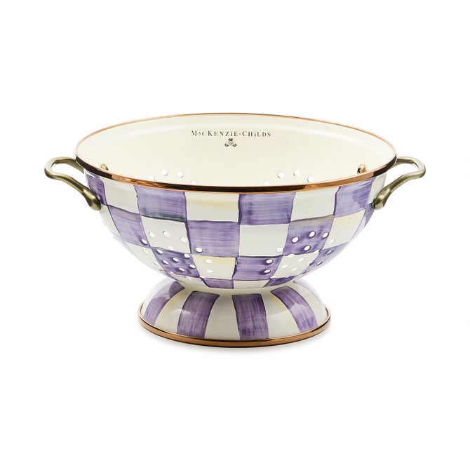 Violet checkered large colander with a wide rim and perforated bowl.